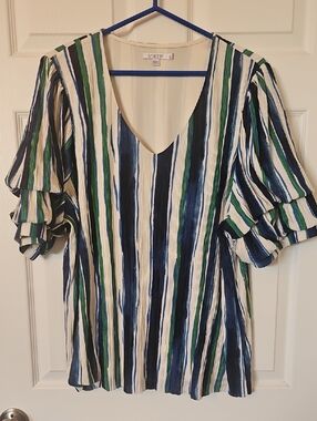 Chico's Blue, Green & Cream Striped V-Neck Ruffle Sleeve Blouse
